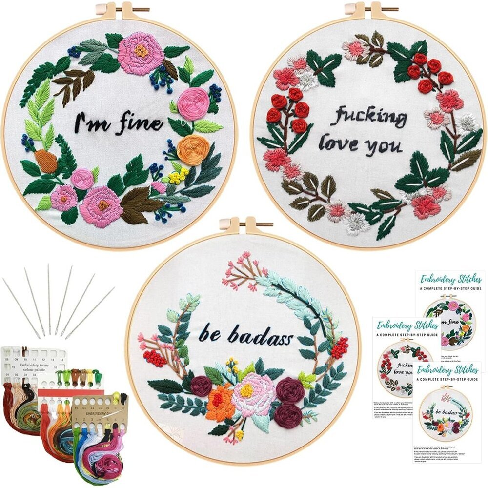 3 Pack Funny Embroidery Kit, Handmade Cross Stitch Starter Kit for Beginners Adu